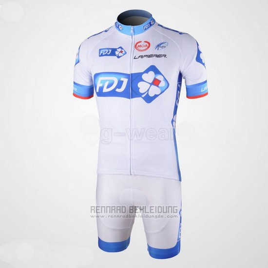 2010 Fahrradbekleidung FDJ Wei und Hellblau Trikot Kurzarm und Tragerhose